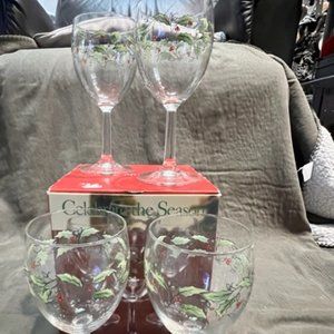 Set Of 4 Celebrate The Season Holiday Wine Glasses